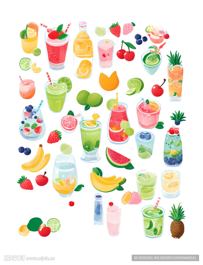 缤纷果汁与水果插画素材