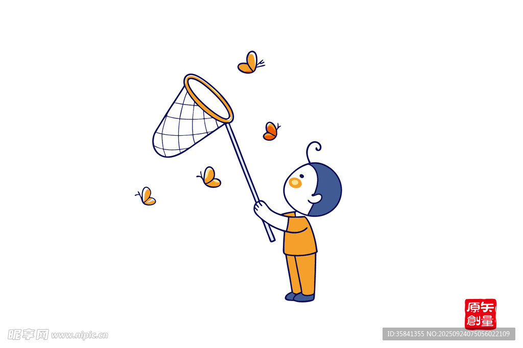 小孩持网捕蝴蝶瞬间