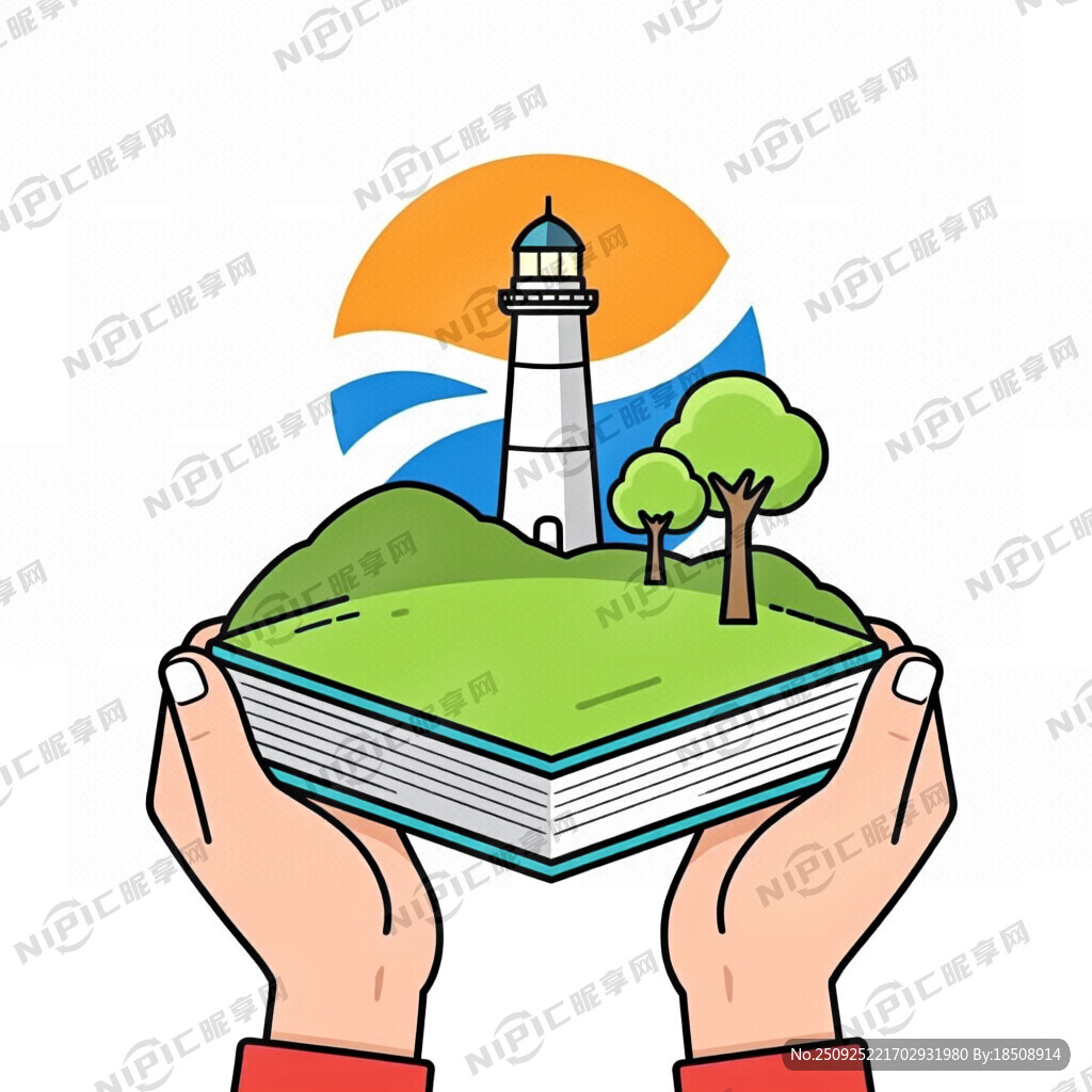 双手 书本 灯塔 树木