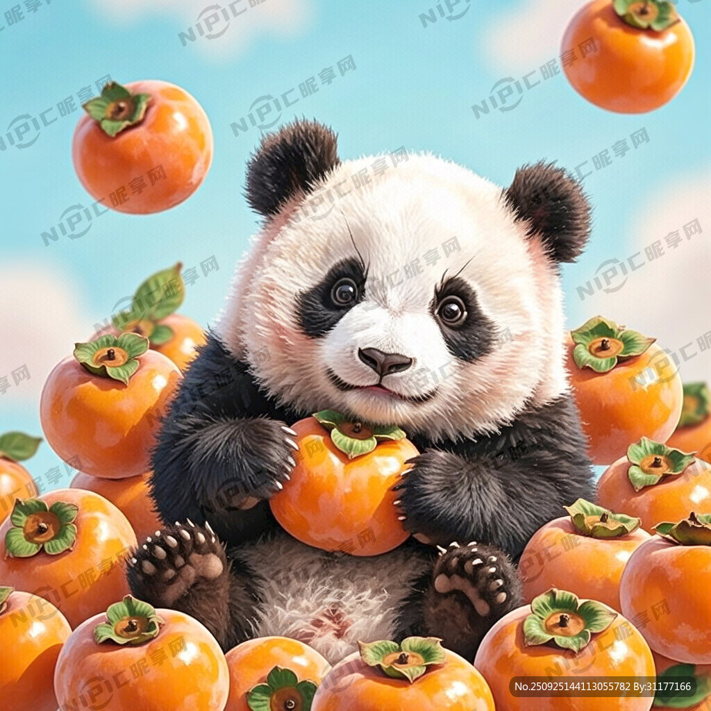 画一个可爱的大熊猫抱这一个脆柿