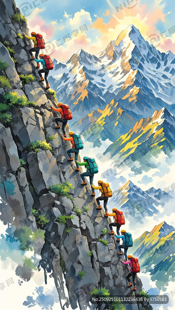 女子登山队 头戴安全防护帽