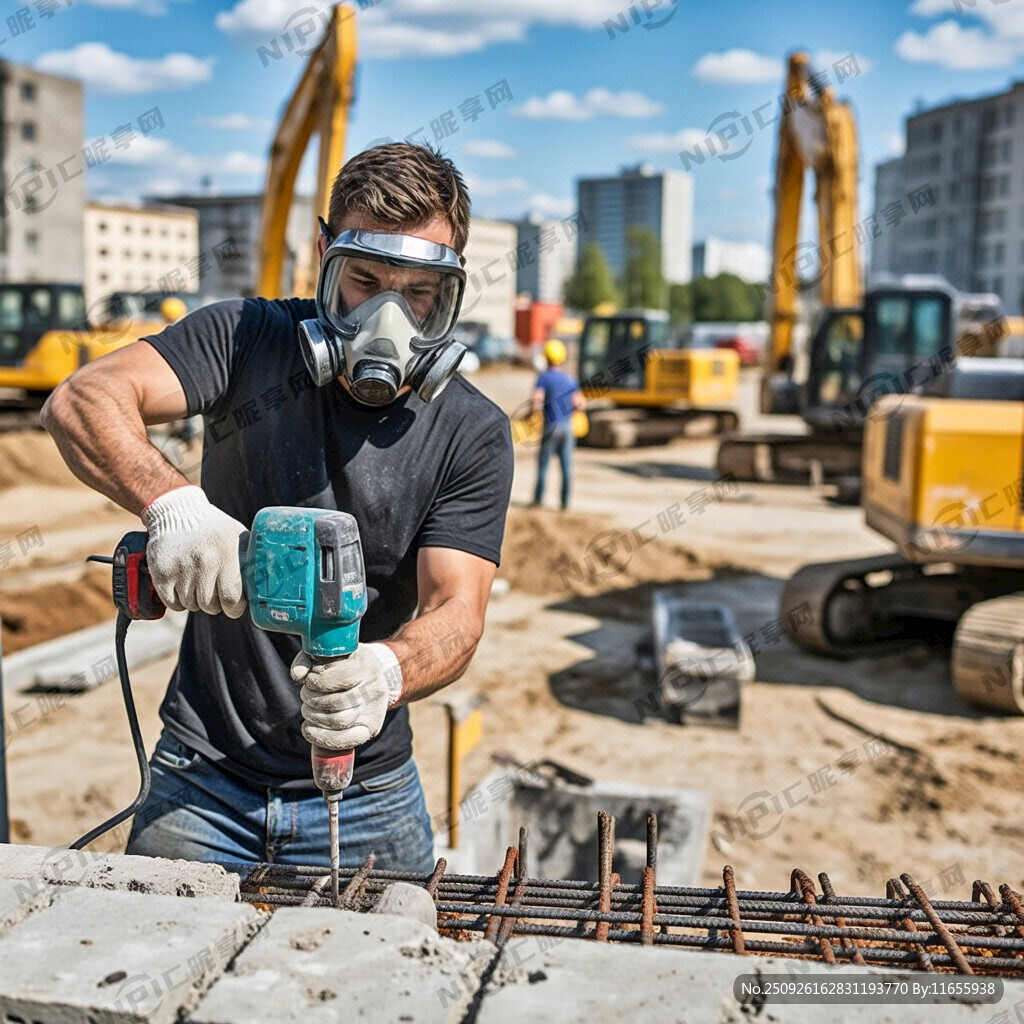 一个穿着防护面具的男人在工地上