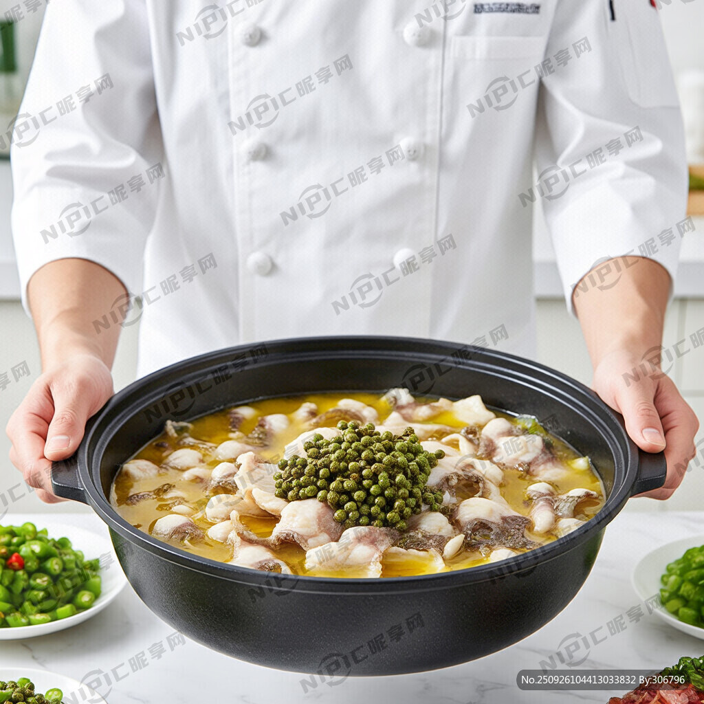 穿着厨师服端着青花椒鱼火锅