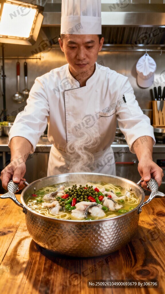 穿着厨师服端着青花椒鱼火锅