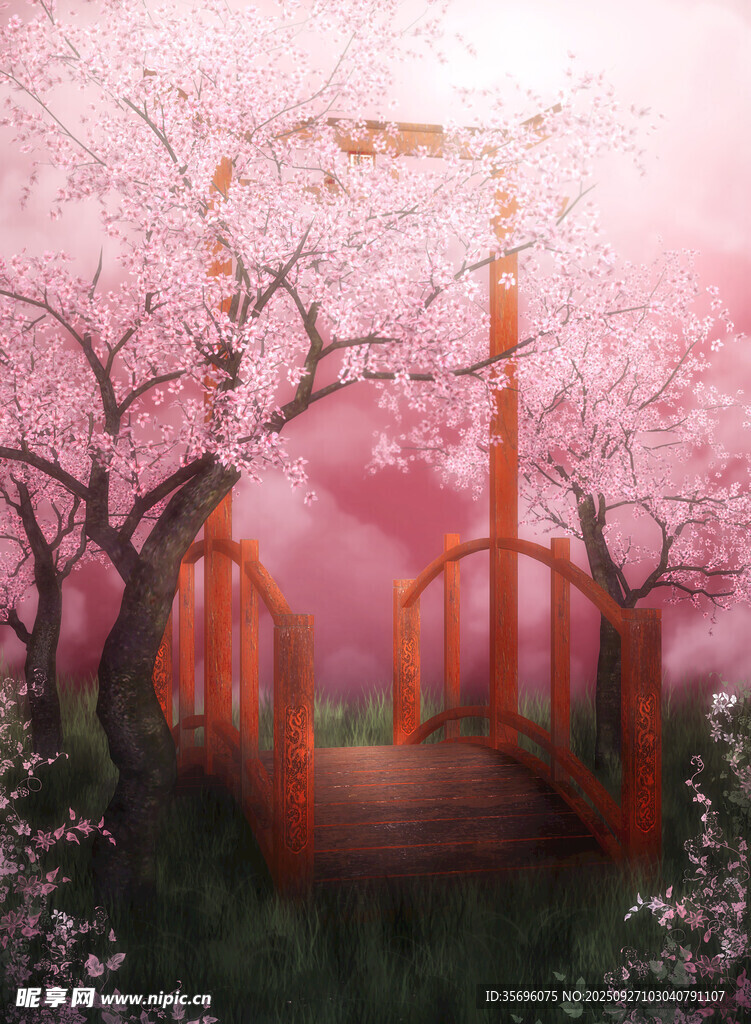 梦幻粉色樱花下的朱色鸟居