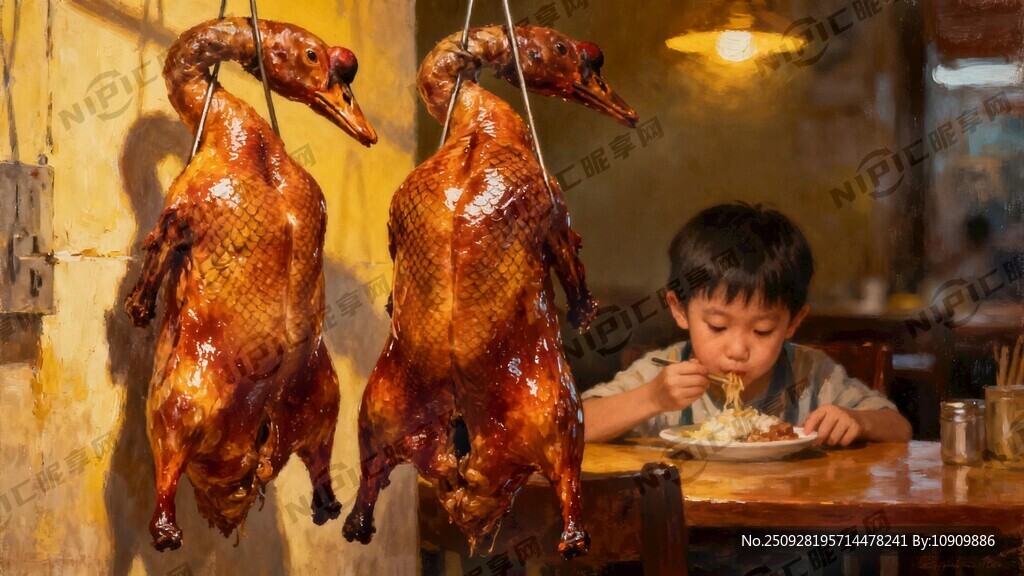 小孩吃饭旁边挂着烧鸭和烧鸡最佳