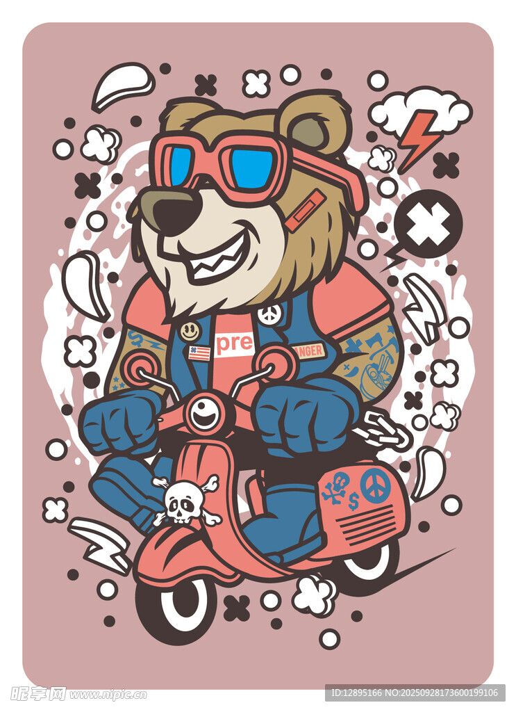 骑摩托的潮酷小熊插画
