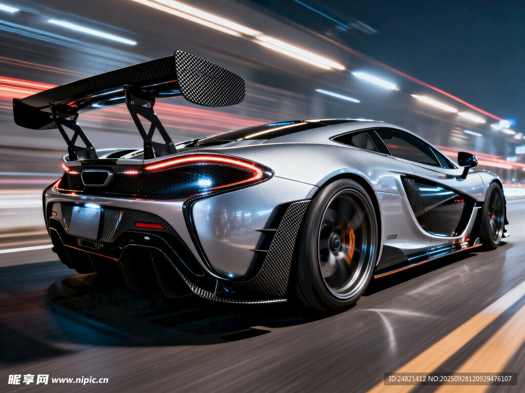 银色跑车飞驰于城市道路