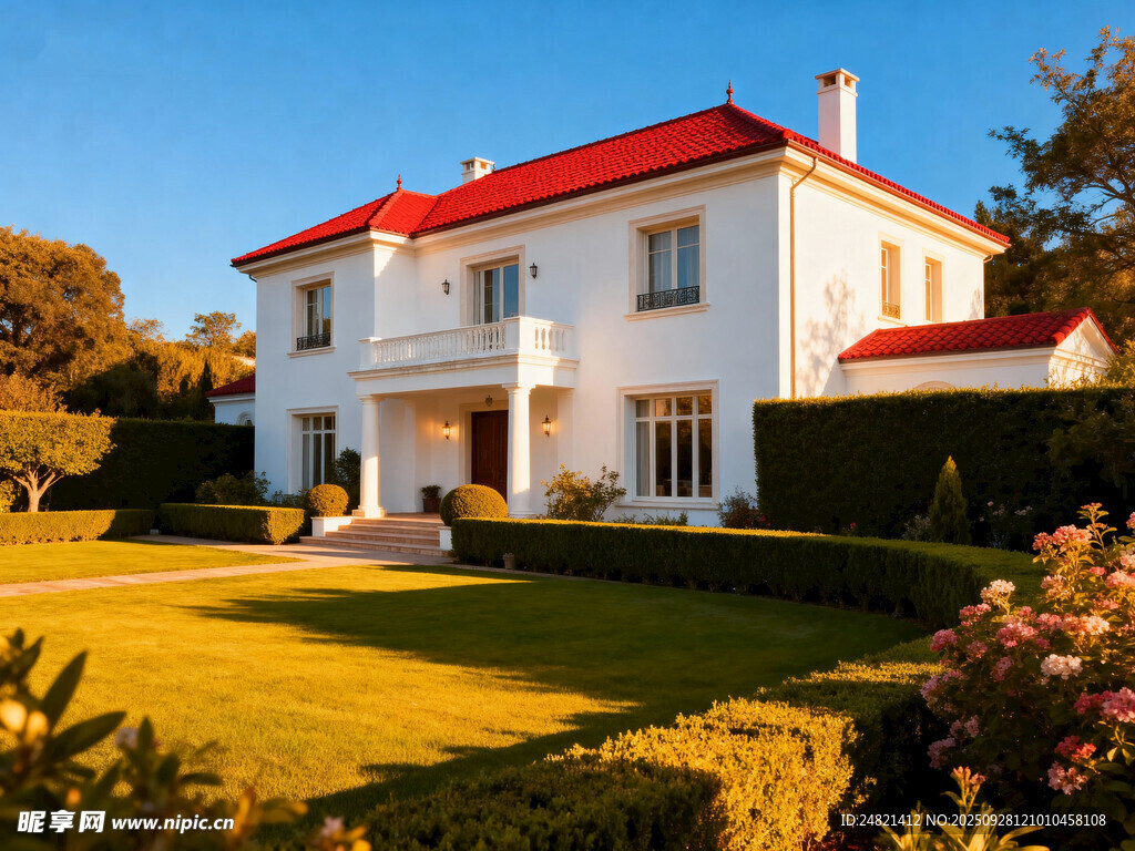 豪华白色别墅与庭院景观