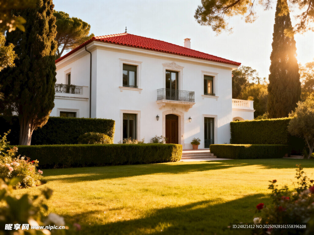 优雅白墅配红顶绿植环绕