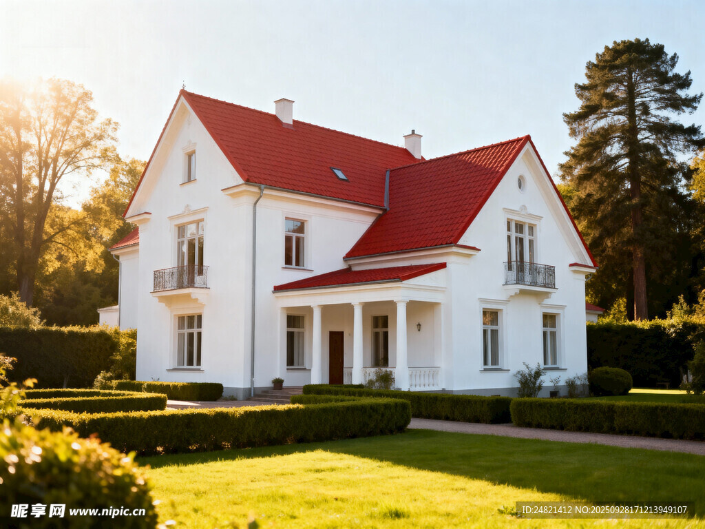 田园中的红顶白色别墅
