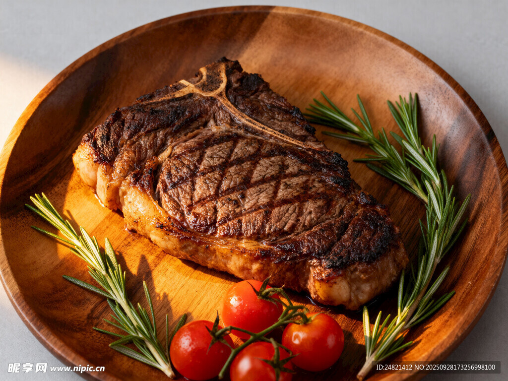 木盘上的美味牛排与配菜