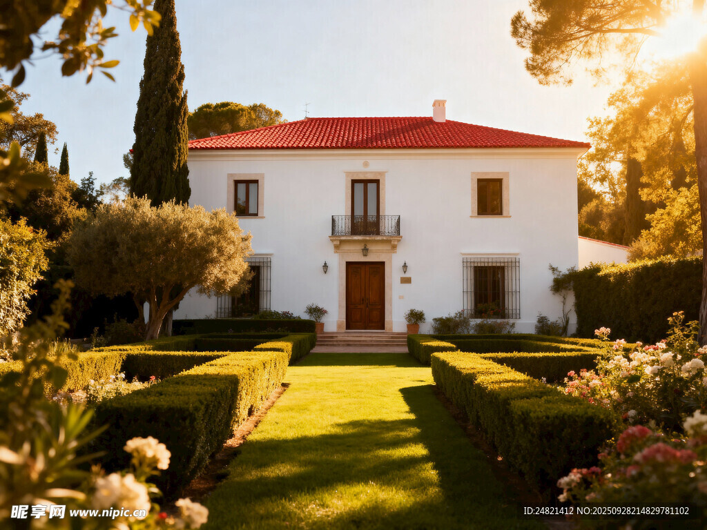 优雅庭院中的白色别墅