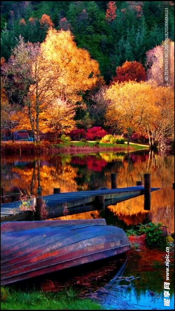 秋日湖畔木栈道美丽风光