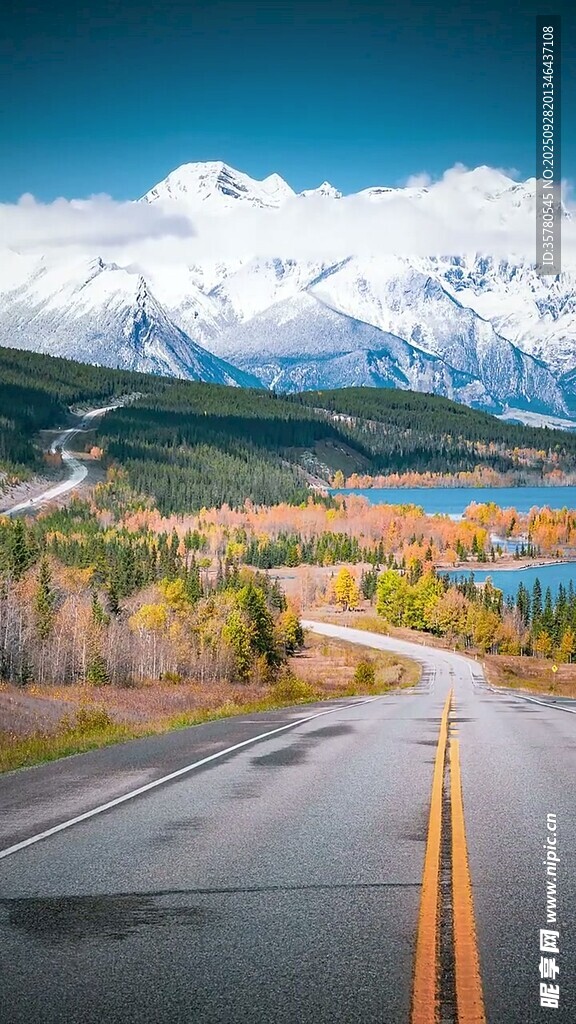 蜿蜒公路旁的雪山秋景