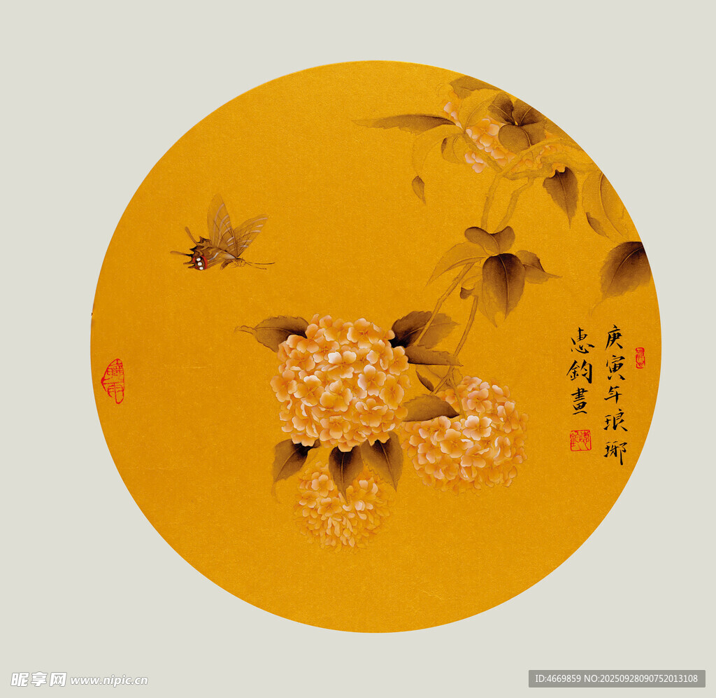 圆形黄底花卉国画作品