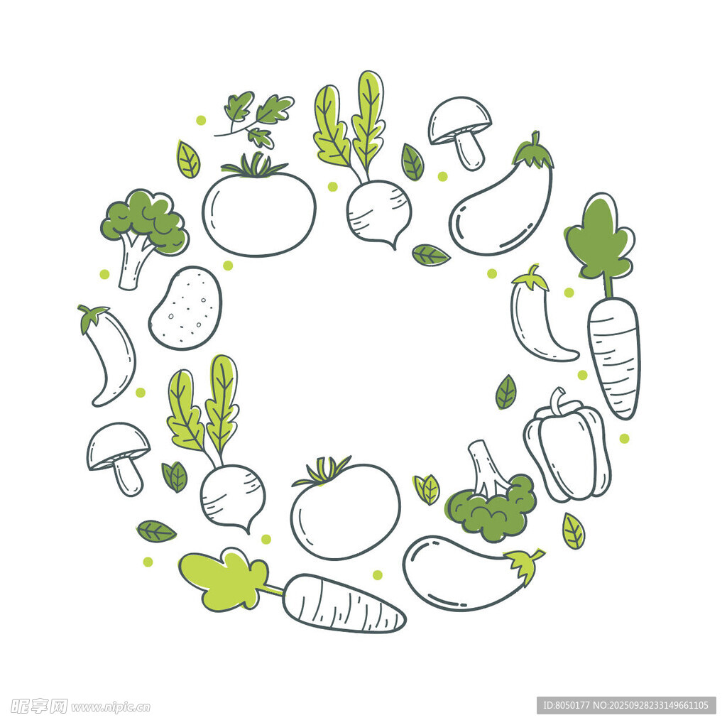 手绘蔬菜环绕的圆形图案
