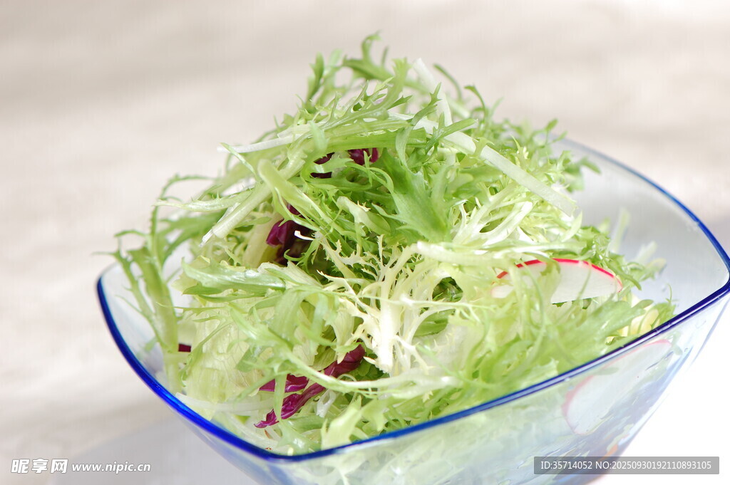透明碗中的鲜嫩苦菊菜