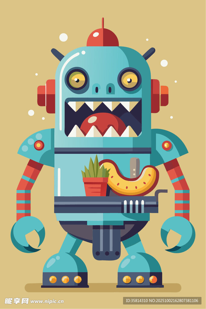 可爱蓝色机器人端食物