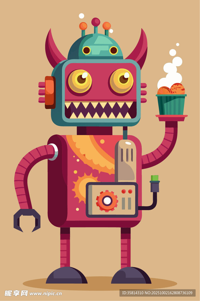 可爱机器人手持咖啡