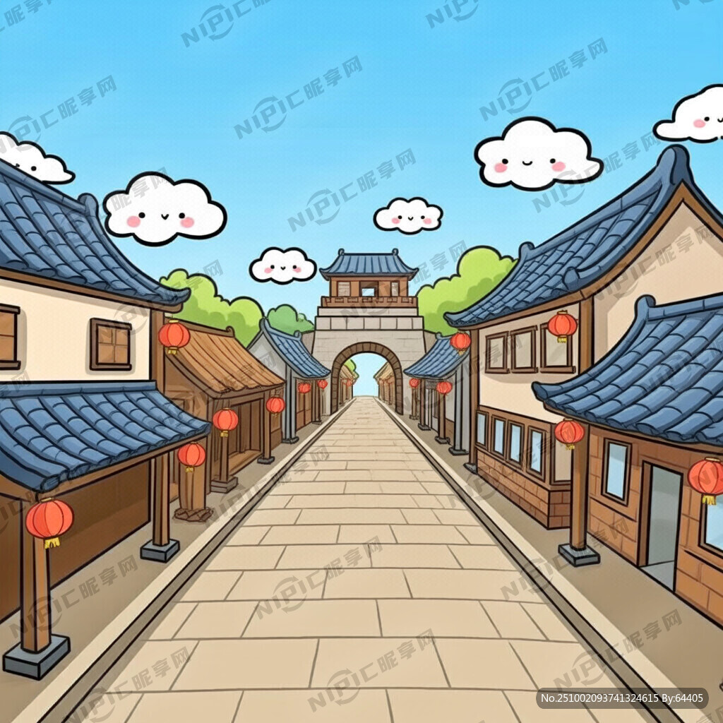 卡通古代街景 正面透视 可爱