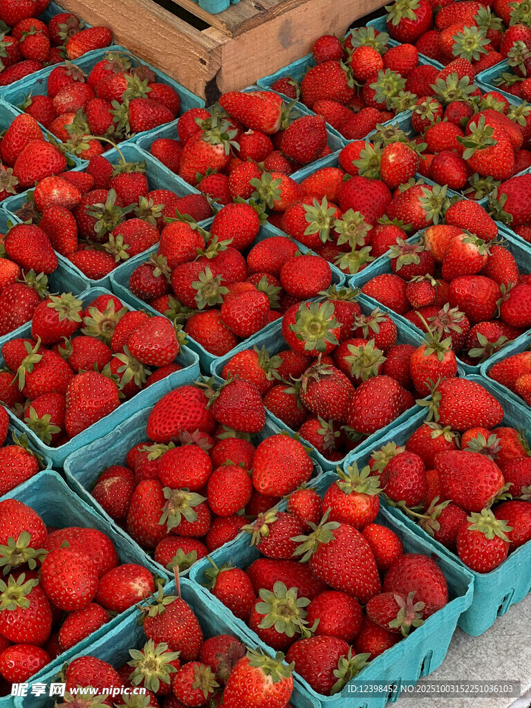新鲜草莓整齐摆放在蓝盒中