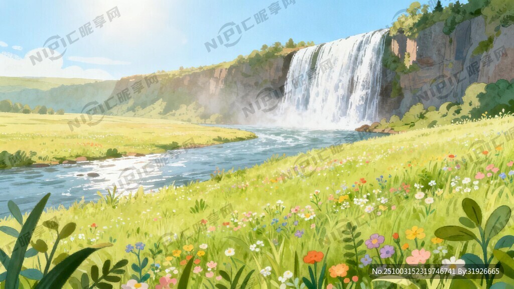 瀑布河流 平原草地 自然风光