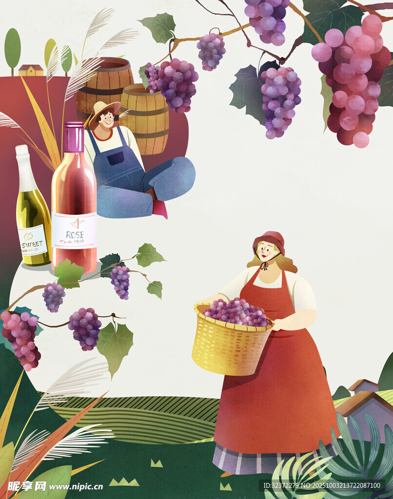 田园葡萄采摘场景插画