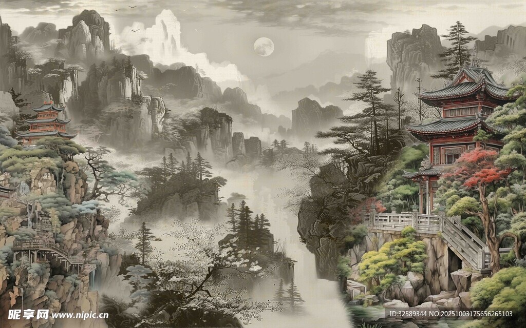 水墨山水间的古典楼阁