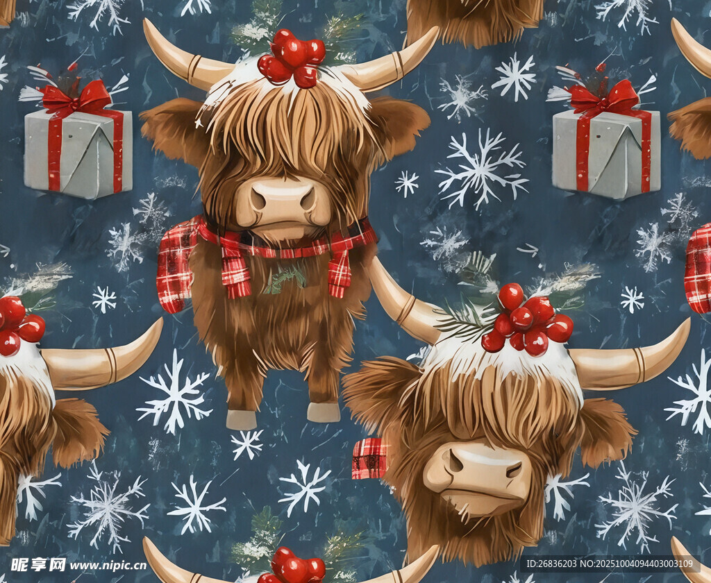 圣诞风长毛牛图案设计