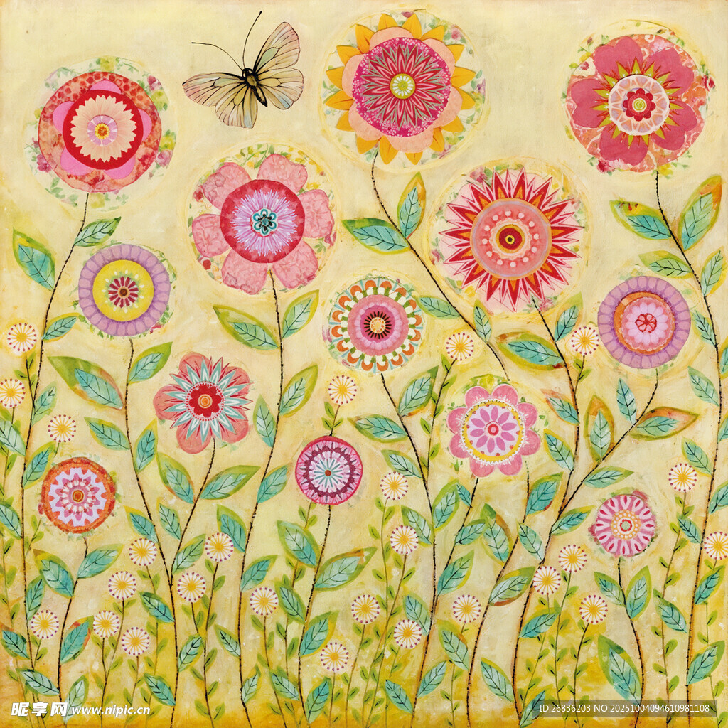 缤纷花卉与飞舞蝴蝶画面