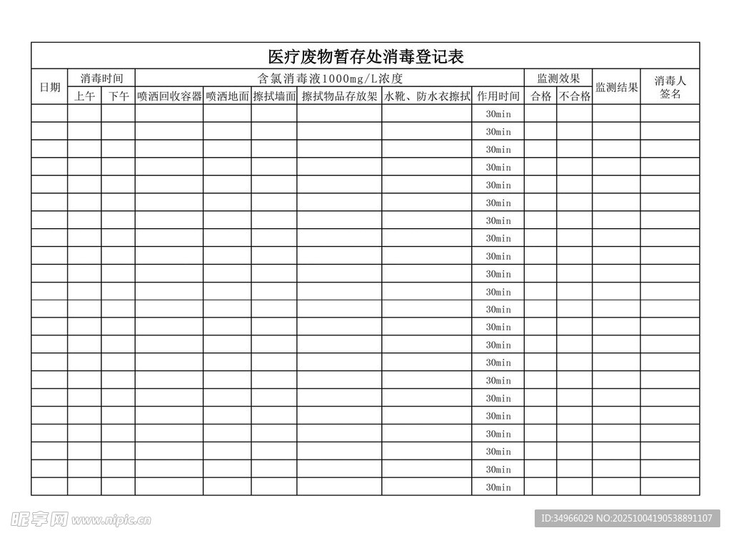 医疗废物暂存处消毒登记表
