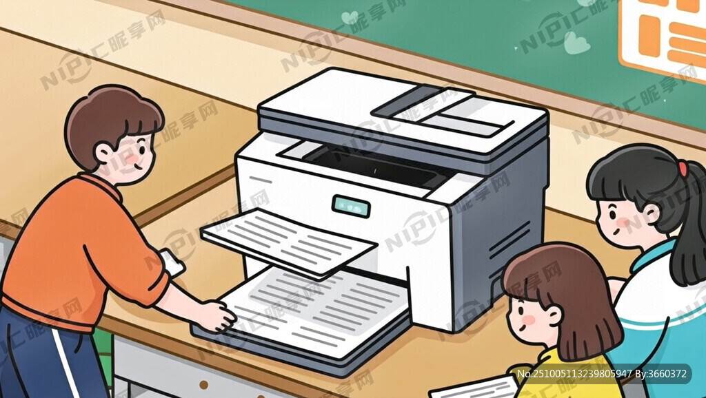 校园学生用复印机打印的场景突出