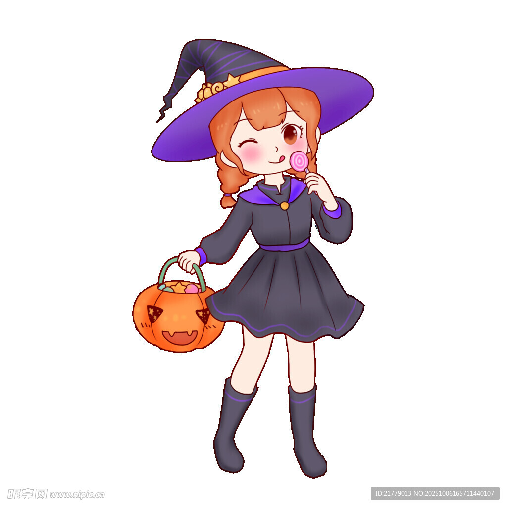 可爱女巫手持南瓜灯
