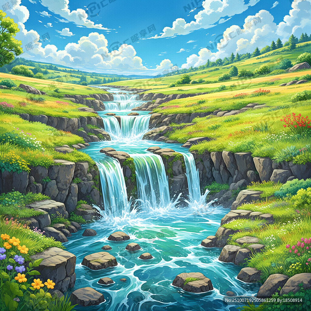 瀑布河流 平原草地 自然风光
