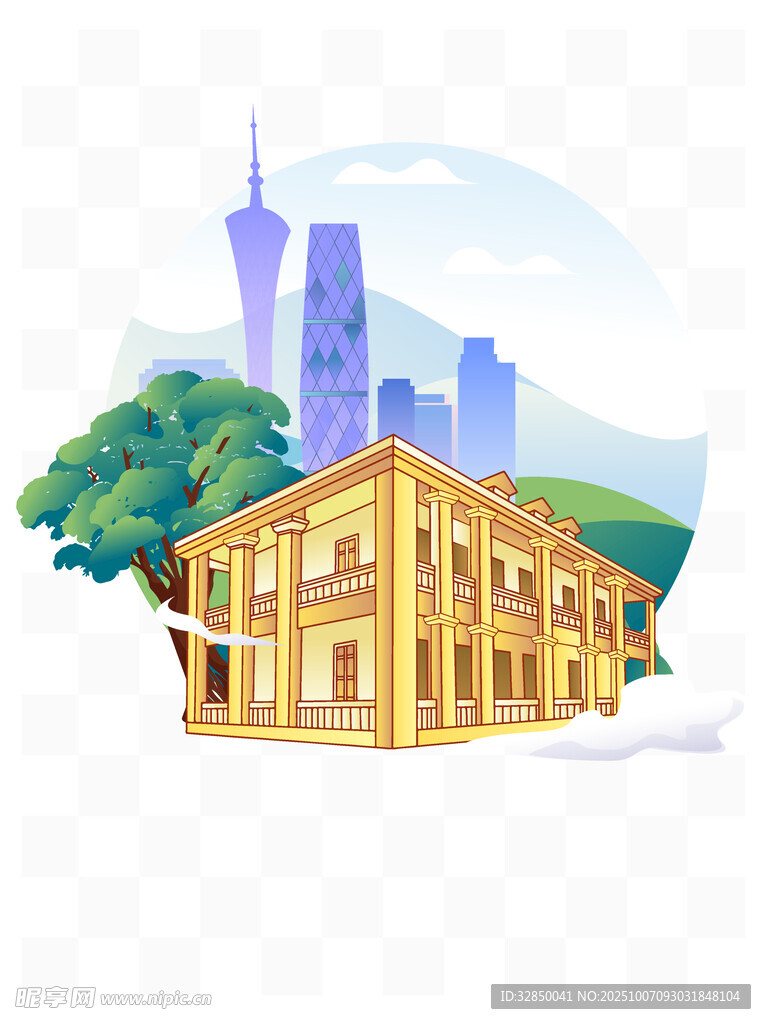 红色景点黄埔军校旧址主楼手绘