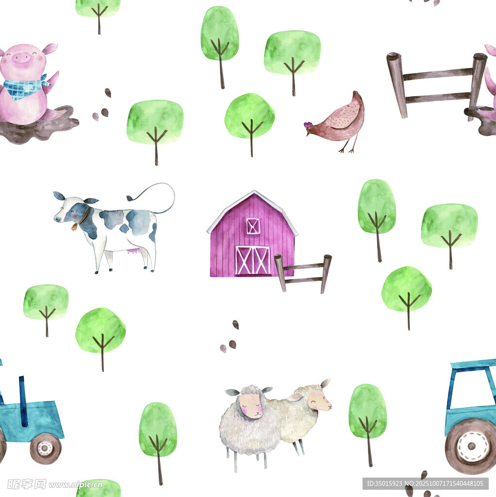 田园动物与设施插画