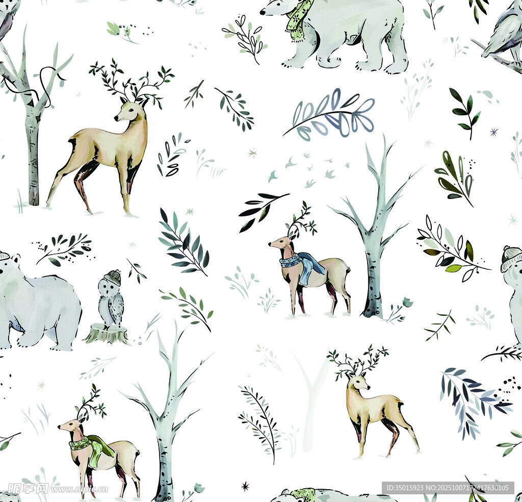 森林动物水彩图案