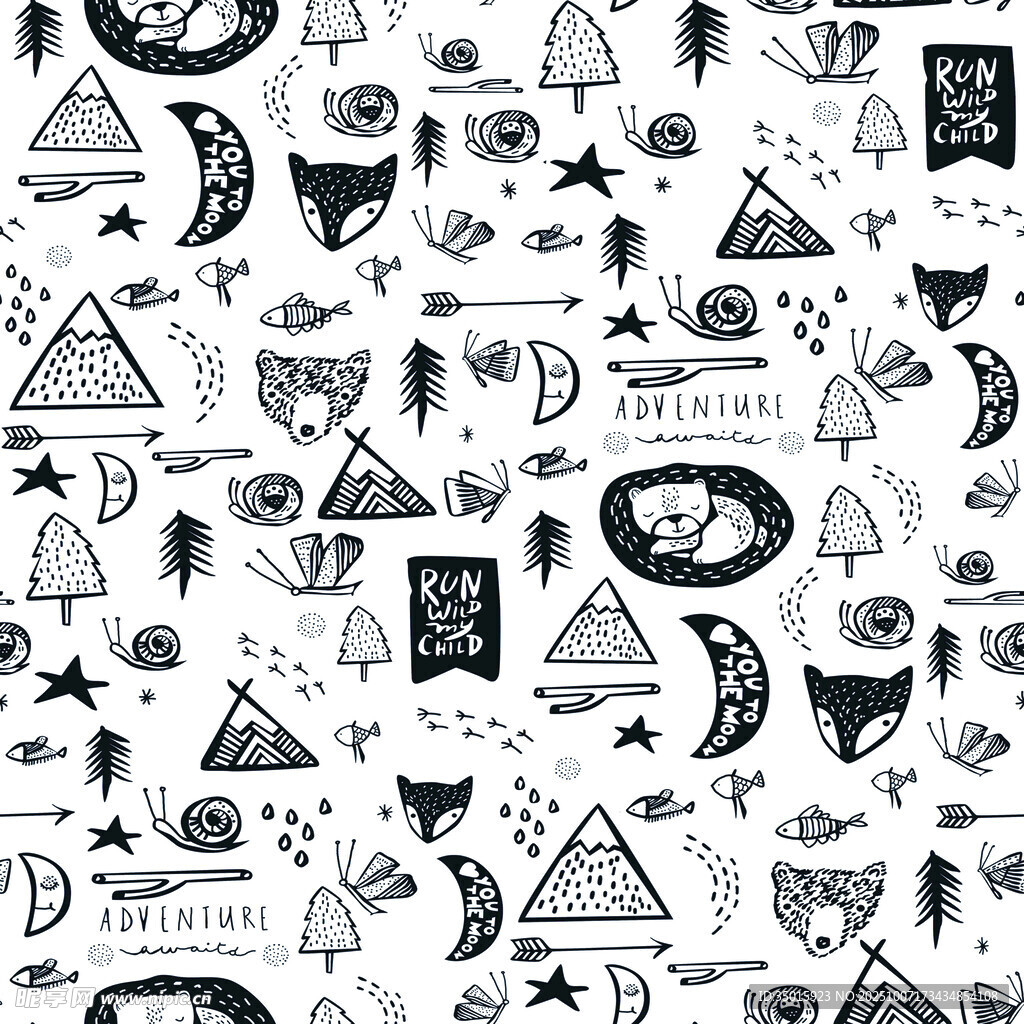 黑白手绘风奇幻元素图案