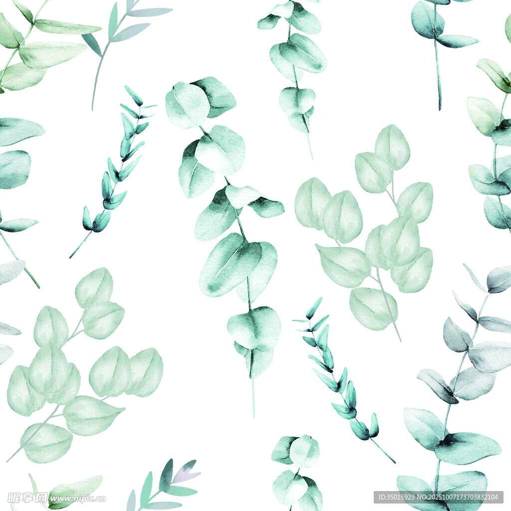 清新绿叶水彩无缝图案