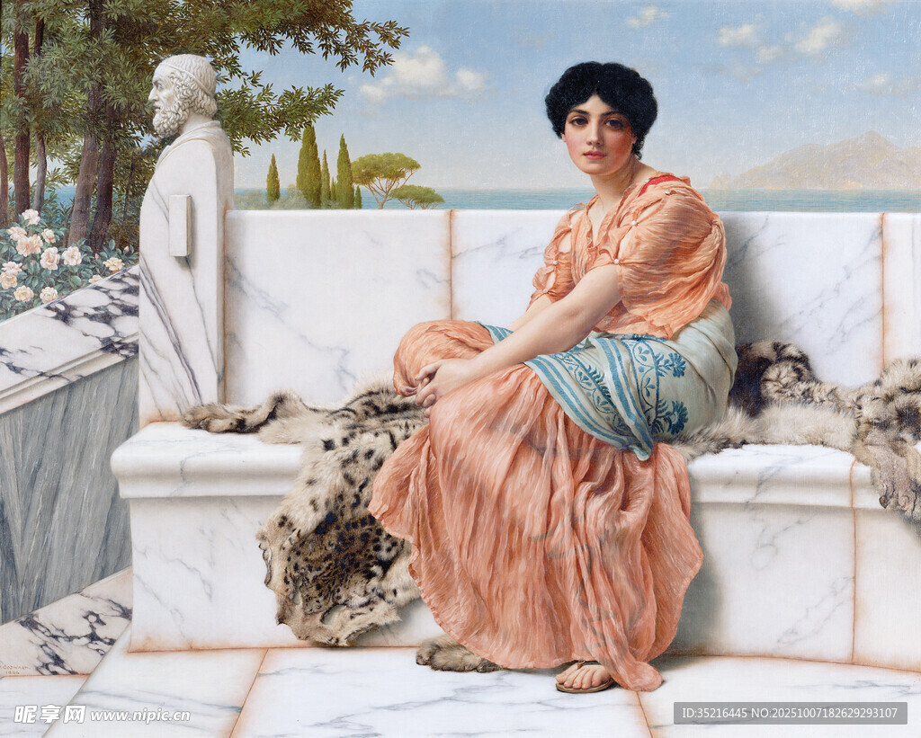 古典装扮女子坐于石椅