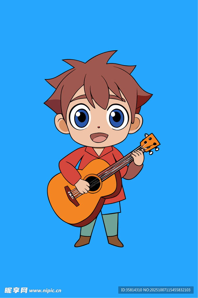 弹吉他的可爱小男孩