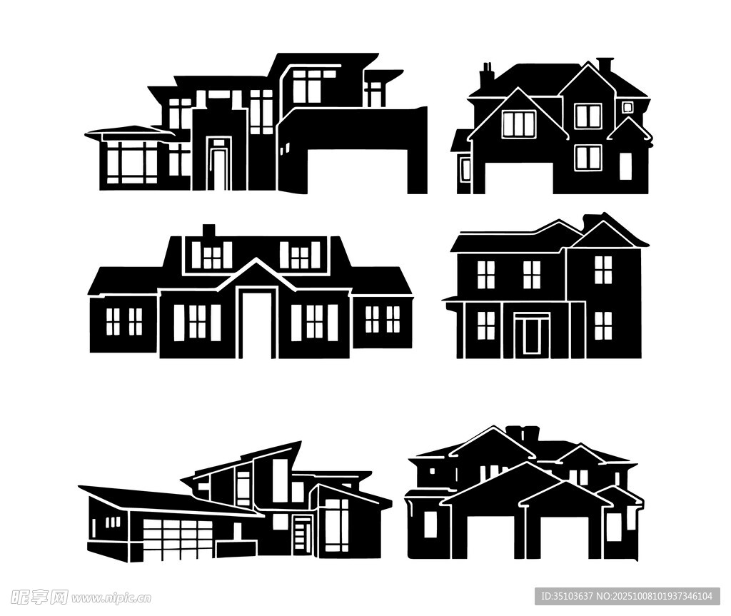 多样风格房屋建筑剪影