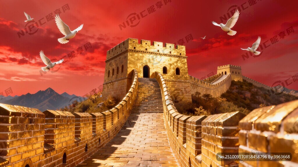 红色天空下的金色长城 有远山