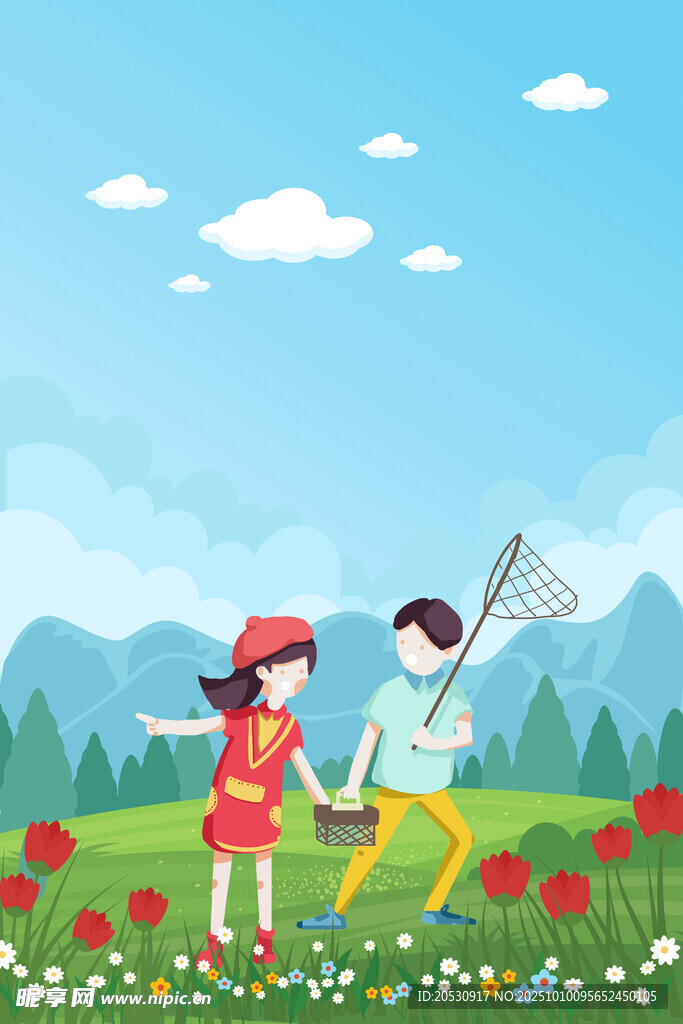 儿童花海捕蝶欢乐场景