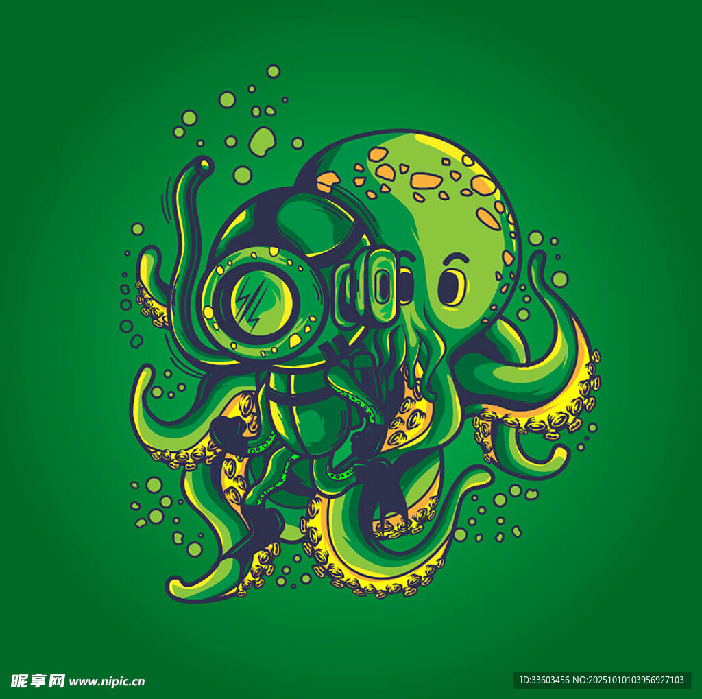 绿色奇幻章鱼插画图案