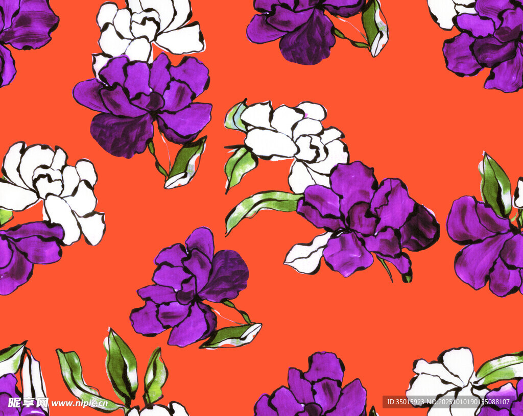 橙底紫白花卉图案设计