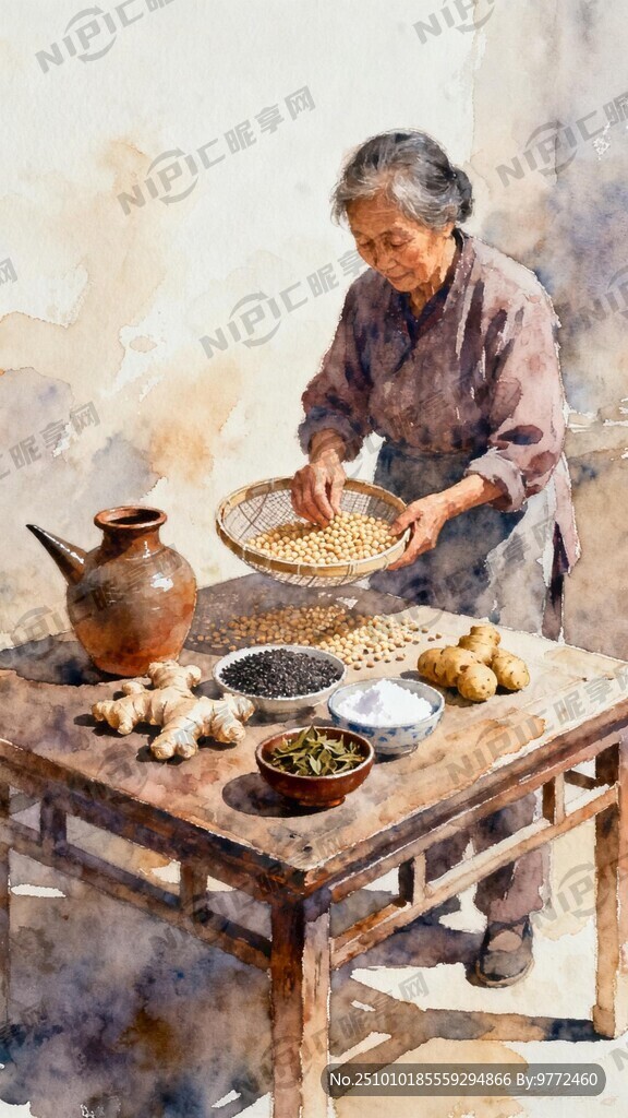 来奶奶拿着筛子在挑豆子