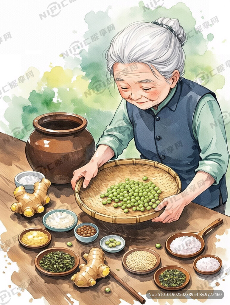 白发老奶奶拿着筛子在挑豆子