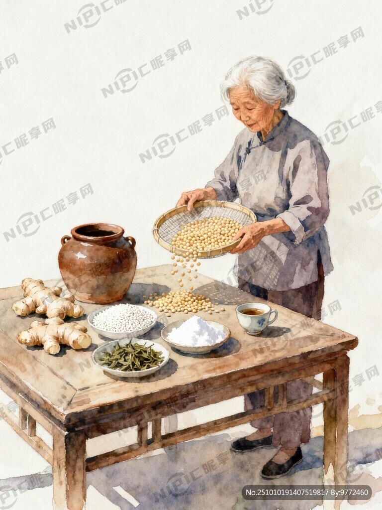 白发老奶奶拿着筛子在桌子旁边挑